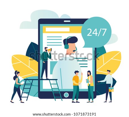 Vector illustration, customer service, male hotline operator advises client, online global technical support 24/7, customer and operator vector