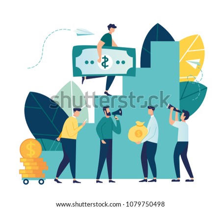 Vector illustration, flat style, businessman running down the stairs and holding money, planning career, concept of career growth, teamwork vector