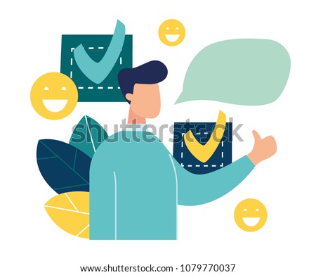 a person leaves a good online review for a product or service. vector illustration design graphics for the site section, reviews, vector, good work contented consumer. character shows a hand gesture
