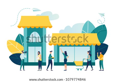 Vector illustration, flat style, various shops, discounts, purchase of goods and gifts, investing in real estate, shopping concept vector