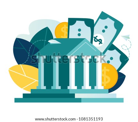 Vector flat illustration, bank building on a white background, bank financing, money exchange, financial services, ATM, giving out money vector