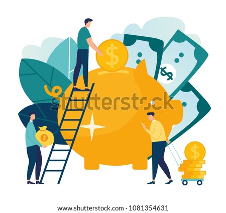 flat illustration, a large piggy bank in the form of a piglet on a white background, financial services, small bankers are engaged in work, saving or accumulating money, a coin box with falling vector