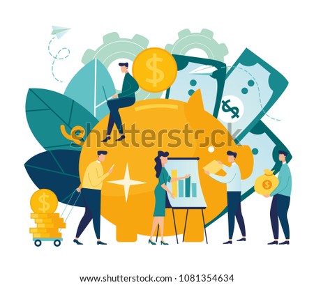 Vector flat illustration, a large piggy bank in the form of a piglet on a white background, financial services, small bankers are engaged in work, saving or accumulating money,  vector