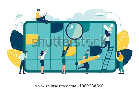 Vector illustration, whiteboard with schedule plans, work planning, daily routine, people filling out the schedule in the table vector