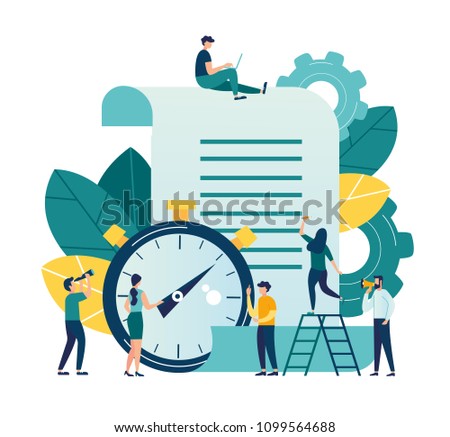 Vector illustration, clock with a sheet on a white background, a time log, vector, express services for processing documents, schedule of important even