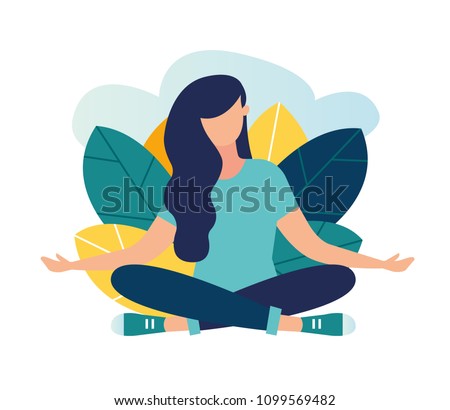 Vector illustration, the concept of meditation, the health benefits for the body, mind and emotions, the girl sits in the lotus position vector, the inception and the search for ideas  商業照片 © 