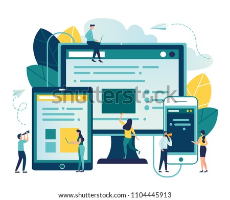 Vector illustration, vector, illustration of the concept of web page design and development of mobile websites, small people are working on creating a website, applications, transferring information 
