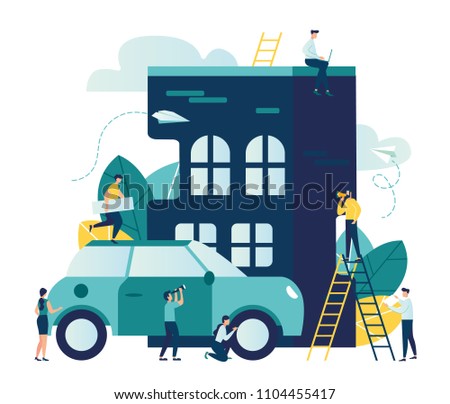 Vector modern flat illustration, construction and purchase of housing, arrangement of the street, car in the parking lot next to the house vector