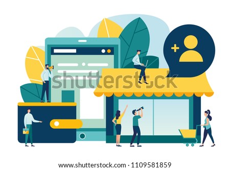 Vector illustration, flat style, various shops, discounts, purchase and delivery of goods and gifts through online, real estate investment, shopping concept, employee search, open vacancy
