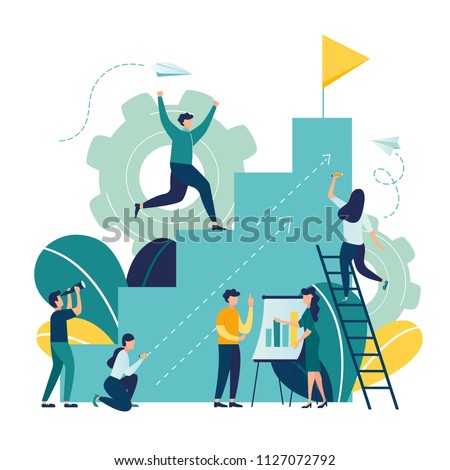 Vector illustration, flat style, businessman running down the stairs to the goal in the form of a flag, career planning, career development concept, team work