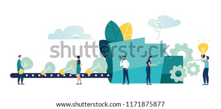 Vector creative illustration of business graphics, the company is engaged in joint search for ideas, abstract person's head, filled with ideas of thought and analytics, replacing old with new 