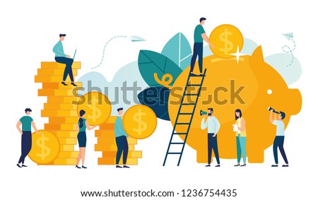 Vector flat illustration, a large piggy bank in the form of a piglet on a white background, financial services, small bankers are engaged in work, saving or accumulating money, a coin box with falling