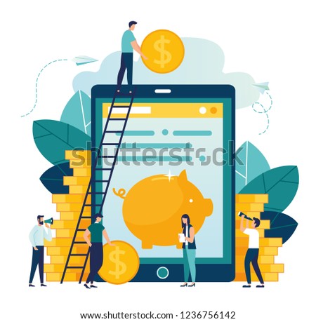 vector illustration on white background. business porters are a successful team. The investor keeps money in an electronic bank, financing creative projects.