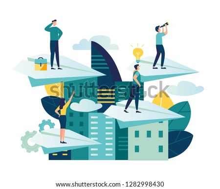 Vector illustration, a man seeks up on a paper plane, achieving a goal, the path to success is motivation, career advancement, search for ideas, teamwork