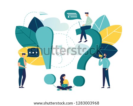 Vector illustration, concept illustration of frequently asked questions people around exclamations and question marks, metaphor question answer