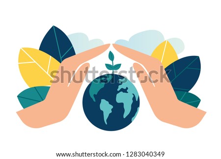 vector illustration, hands close the planet from pollution, save the planet, a small process of a plant, save energy, Earth Day concept - vector