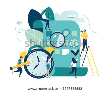 Vector illustration, whiteboard with schedule plans, work planning, daily routine, people filling out the schedule in the table - Vector 