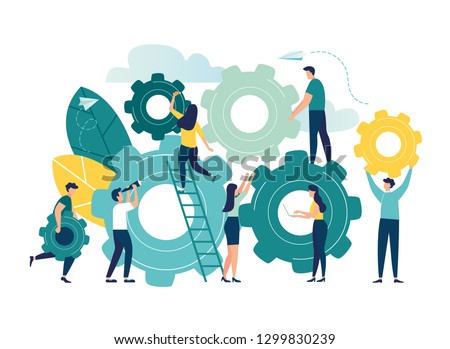 Business concept of vector illustration, little people links of mechanism, business mechanism, abstract background with gears, people are engaged in business promotion, strategy analysis, communicatio