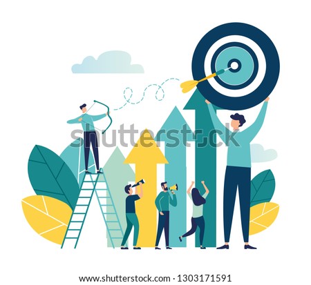 Vector illustration of a businessman archer aiming at a target, people run to their goal along the arrow to the cutter, raise motivation, the way to achieve the goal - Vector 