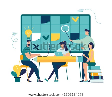 Vector illustration, fill in the calendar table, mark important dates and tasks, team thinking and brainstorming, analytics of information about the company - vector