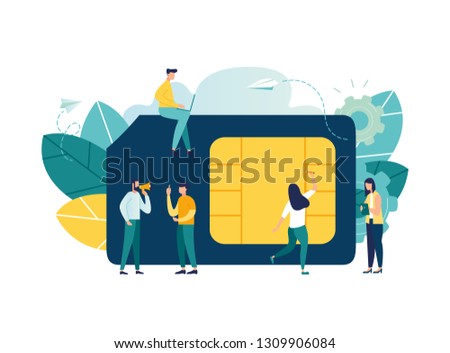 Vector illustration, mobile sim card, microcircuit, mobile phone communication scheme