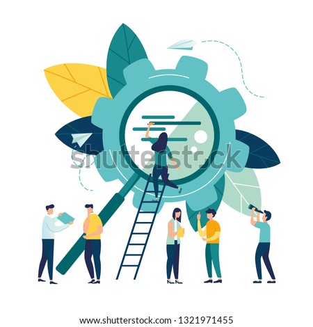 Business concept vector illustration, search of thoughts, business mechanism, abstract background with gears, people are engaged in business promotion, strategy analysis, communication - Vector