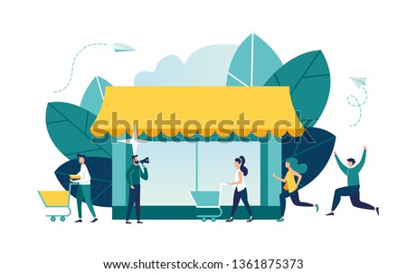 Vector illustration, flat style, various shops, discounts, purchase of goods and gifts, investing in real estate, shopping concept - Vector 
