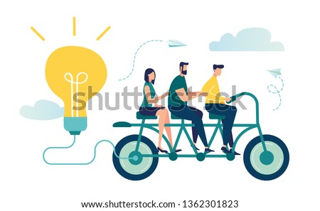 Vector illustration of people go team N bike to their goal, to move up the motivation. Way to the goal, pedal for energy and ideas. Foto stock © 