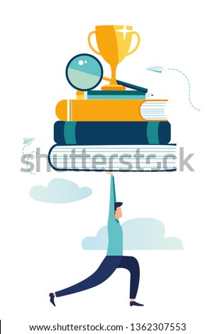 Vector illustration, distance education, online courses and business, education, online books and study guides, exam preparation, home schooling, it’s hard for a person to hold science in his hands