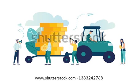 Vector illustration, financial services, small bankers are engaged in work, savings or accumulation of money, transportation of cash savings.