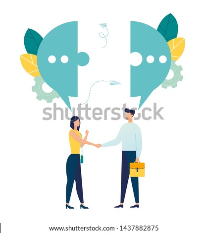 Vector illustration, flat style, businessmen discuss social networks, news, social networks, chat, dialogs, speech bubbles, thoughts puzzle vector