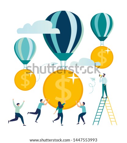 vector illustration,working together in a company, balloon takes off with money, phrase money to the wind