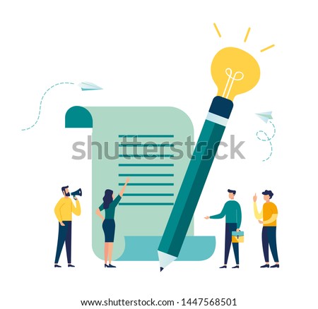 Vector illustration, business meeting and brainstorming, business concept for collaboration, finding new solutions, pencil with light bulb