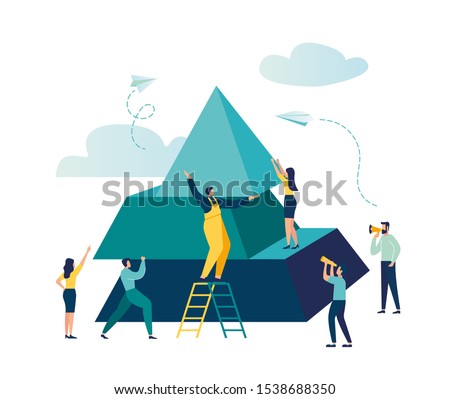 people connect the elements of the pyramid, vector illustration flat design style, symbol of teamwork, cooperation, partnership, advancement, pyramid puzzle vector