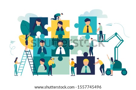 Vector business graph, open vacancy, a business company is looking for an employee to work in the form of puzzles, flat color icons, creative illustrations, businessmen are considering a resume vector