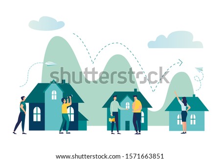 Vector illustration, real estate business concept with houses, decline in real estate sales