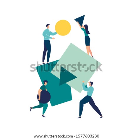 vector illustration flat people. A team of people assemble an abstract geometric puzzle. characters collect geometric shapes