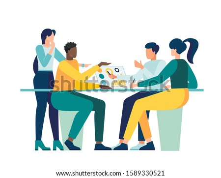 Vector illustration, workers are sitting at the negotiating table, collective thinking and brainstorming,  vector, company information analytics