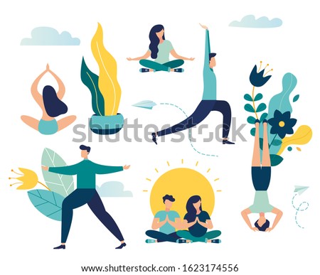 Vector illustration,  vector, concept of working hours meditation, break, steam yoga, health benefits of the body, mind and emotions, thought process 商業照片 © 