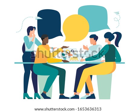 Vector illustration, workers are sitting at the negotiating table,  vector collective thinking and brainstorming, company information analytics