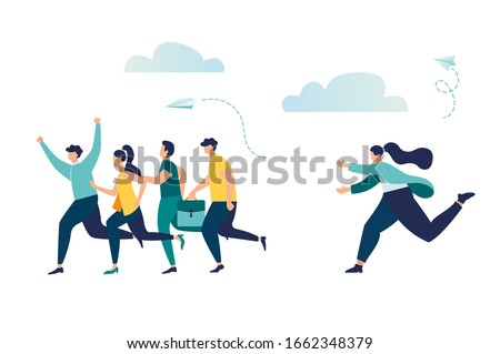 Vector illustration, a company of people competes with other business people, successfully overcomes obstacles, a lagging person catches them