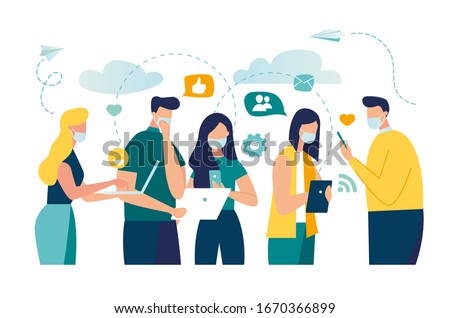 Vector illustration of New Coronavirus (2019-nKoV), people in white medical mask communicate through social networks online. ban on contact, Quarantine coronavirus concept  vector