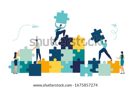 Business concept. Team metaphor. people connecting puzzle elements. Vector illustration flat design style. Symbol of teamwork, cooperation, partnership vector