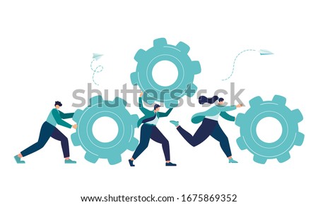 Business concept of vector illustration, little people links of mechanism, business mechanism, abstract background with gears, people are engaged in business promotion, strategy analysis,  vector