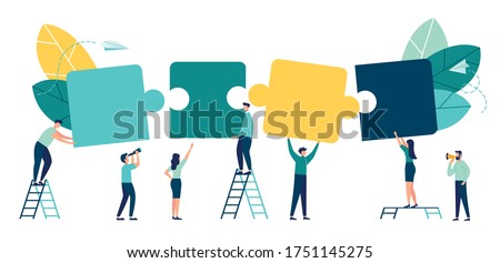 Business concept. Team metaphor. people connecting puzzle elements. Vector illustration flat design style. Symbol of teamwork, cooperation, partnership vector Photo stock © 