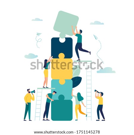 Business concept. Team metaphor. people connecting puzzle elements. Vector illustration flat design style. Symbol of teamwork, cooperation, partnership  vector