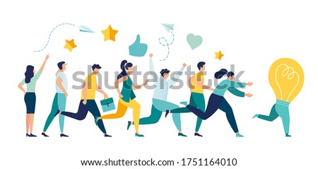 Vector illustration, running away idea, unattainable thought, search for new solutions, company of people catches up with a light bulb vector