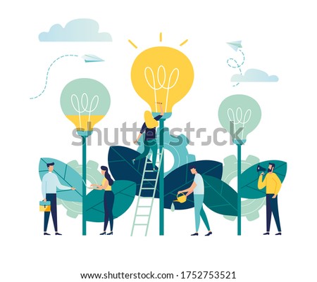 vector illustration. people grow potted plants, a metaphor for the birth of a creative idea. business concept analysis. graphic design idea of project activity