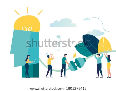 Business concept vector illustration, network connection, brainstorming, light bulb lights up as a creative idea, brain charging