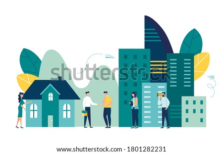 Vector illustration, real estate business concept with houses, real estate market growth, exchange of living space, presentation of a house, house for an apartment